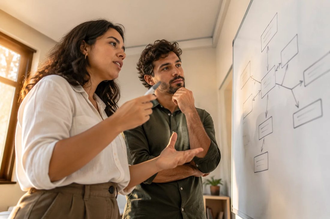 Duas participantes junto ao quadro branco desenhando as partes de um argumento